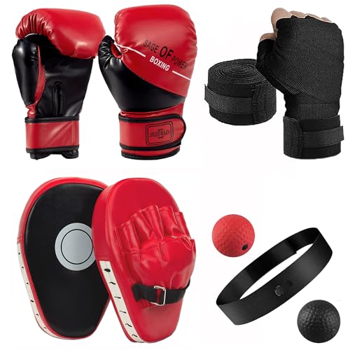 4-in-1 Boxing Gloves and Punching Mitts Set for Kids, Youth Boxing Gloves Focus Pads with Reflex Ball, Kids Sparring Equipment for MMA, Karate, Muay Thai, Taekwondo