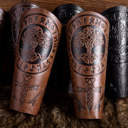 Leather Bracers for Men - Viking Embossed Medieval Arm Archery Guard Gauntlet Costumes - color: Hbr059-tree Brown