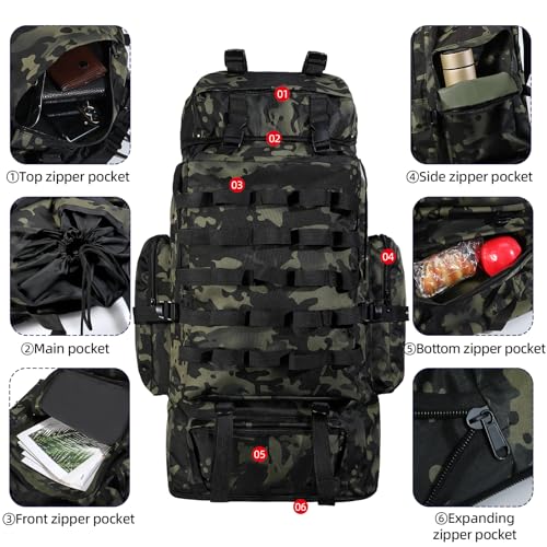 70L/100L Camping Hiking Backpack with Rain Cover, Expandable Large Military Tactical Backpack, Waterproof Molle Rucksack Travel Backpacking Daypack for Climbing Trekking (Black CP) - color: Black Cp