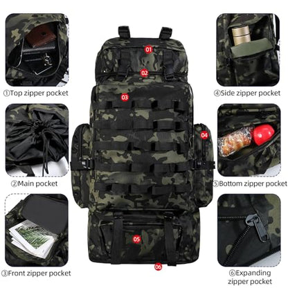 70L/100L Camping Hiking Backpack with Rain Cover, Expandable Large Military Tactical Backpack, Waterproof Molle Rucksack Travel Backpacking Daypack for Climbing Trekking (Black CP) - color: Black Cp