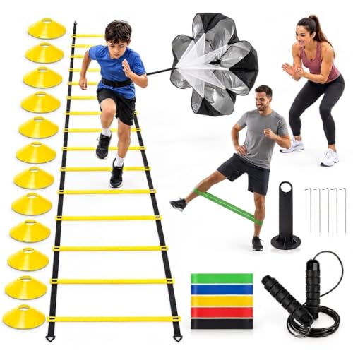 Agility Ladder, Speed Training Equipment Set, 20ft 12-Step Agility Ladder with 4 Fixed Steel Spikes, 5 Resistance Bands, 12 Football Cones, Jump Rope, Running Resistance Umbrella for Kids Teens Adults