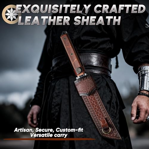 Dream Reach Japanese Tanto Knife, Fixed Blade Knife with Leather Sheath for Back, Survival Knives with Wood Handle, Samurai Knives for Camping Outdoor, Collection Gift for Men - size: 8.5"