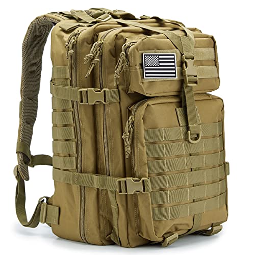 QT&QY 45L Military Tactical Backpacks Molle Army Assault Pack 3 Day Bug Out Bag Hiking Treeking Rucksack… - color: 0.1 Tan