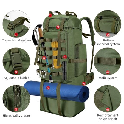 70L/100L Camping Hiking Backpack with Rain Cover, Expandable Large Military Tactical Backpack, Waterproof Molle Rucksack Travel Backpacking Daypack for Climbing Trekking (Green) - color: Green