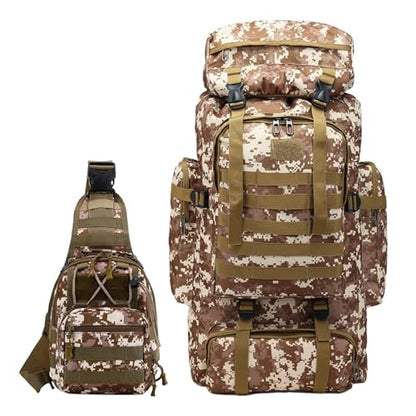 JUMAHE 80L 2-Pack Hiking Backpack for Men with Sling Tactical Backpack - Rucksack Molle Military Tactical Waterproof Lightweight Camping Backpack 3 Day Assault Pack for Travel, Climbing, Backpacking - color: 80l Desert - Pro(900d Fabric) + Sling Bag Bundl