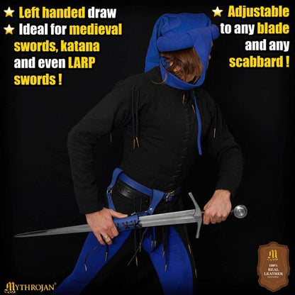 Mythrojan Medieval Sword Frog Adventurer with Leather Holder for Universal Rapier, Broadsword, Cutlass - style: Large L1eft Handed - Blue (10" X 10")