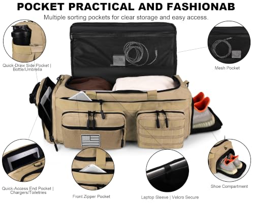 LHI 50L Tactical Duffle Bag for Men, 3-in-1 Gym Duffle and Backpack, Shoe Compartment, Laptop Sleeve and MOLLE, Carry-On Travel Weekender and Overnight Bag – Milky White - color: Milky White