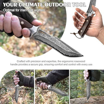 Real Damascus Hunting Knife, 10.4" VG10 Bowie Leather Sheath - style: Damascus Steel-1