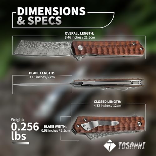 Damascus Folding Knife, 3.54 Inch Tanto - color: Wood-B