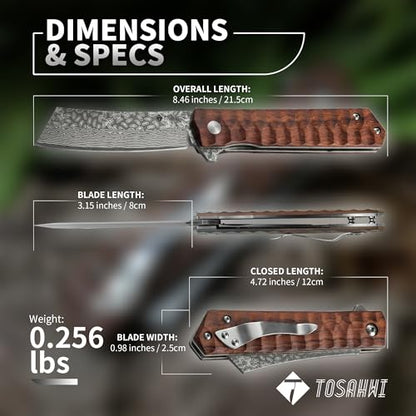 Damascus Folding Knife, 3.54 Inch Tanto - color: Wood-B
