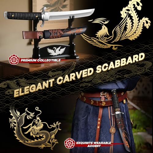 Japan Fixed Blade Knife - D2 Steel Tanto Knife with Carved Sheath - size: 8.43 Inch