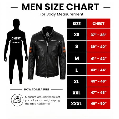 Real Lambskin Cafe Racer Leather Jacket Men Biker Style Stripes Sleeves - color: Black, size: Small