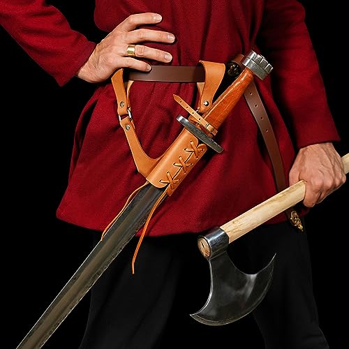 Mythrojan Medieval Sword Frog Adventurer with Leather Holder for Universal Rapier, Broadsword, Cutlass - style: Large Left Handed - Natural (10" x 10")