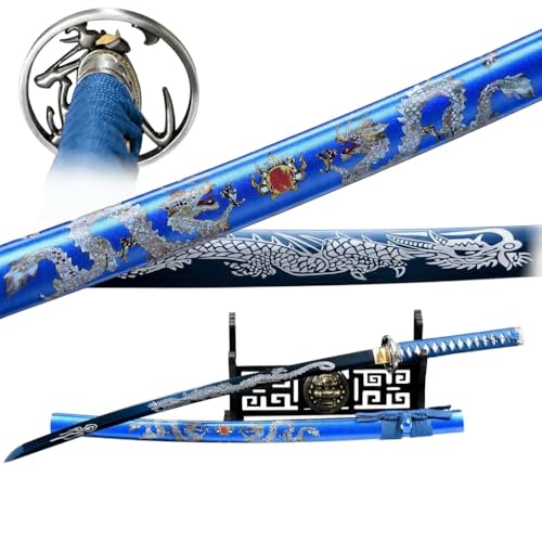 Real Katana Sword Sharp - Japanese Samurai Swords are a Unique Gift for Men - Full Tang High Carbon Steel Sword Blade Makes a Memorable for Martial Arts Enthusiasts - color: Light blue