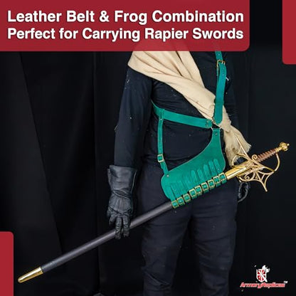 Armory Replicas Handcrafted Rigid Nature Right-Handed Leather Rapier Sword Frog Belt with Adjustable Fit - color: Green