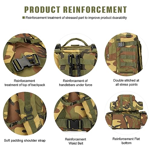Large Military Tactical Backpack for Men, 40-50L Backpacks for Women, Bug out Bag Army 3 Days Assault Pack Bags Rucksack with Molle System - color: Jungle Camouflage