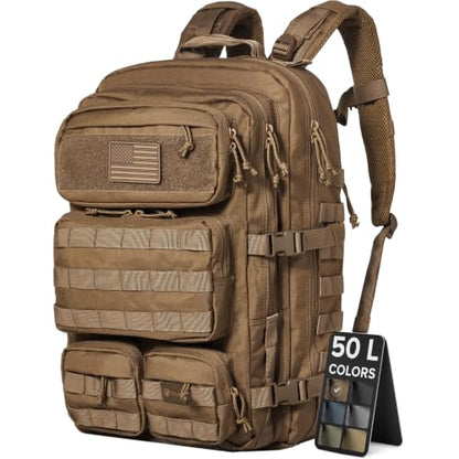 Falko Tactical Backpack for Men and Women 50L Backpack 2.4x Stronger Large Military Molle Rucksack, Bugout Backpack Outdoors - color: Coyote Brown