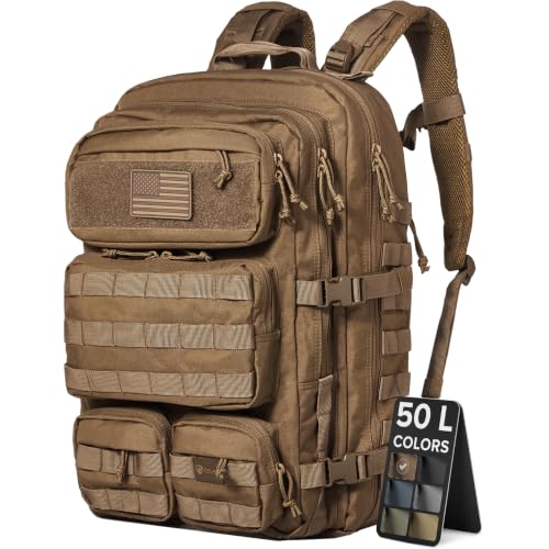 Falko Tactical Backpack for Men and Women 50L Backpack 2.4x Stronger Large Military Molle Rucksack, Bugout Backpack Outdoors - color: Coyote Brown