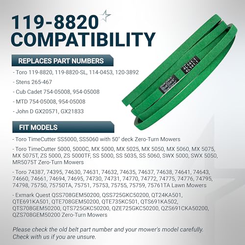 [Upgraded Grip120] BlueStars 119-8820 Deck Belt 1/2" x 141.1" - size: 119-8820, style: Grip120