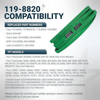 [Upgraded Grip120] BlueStars 119-8820 Deck Belt 1/2" x 141.1" - size: 119-8820, style: Grip120