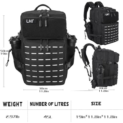 LHI Tactical Military Backpack for Men 25L/45L Large Molle Army Assault Pack 3 Day Hiking Rucksack With Bottle Holder - color: Black, size: 45L
