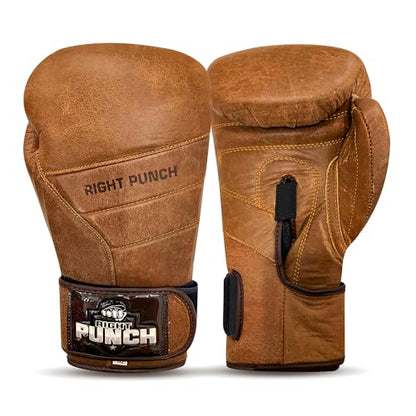 Rightpunch Premium Cowhide Leather Brown Boxing Gloves| Training Boxing Gloves Men & Women | Ideal for Sports & Muay Thai - size: 8OZ