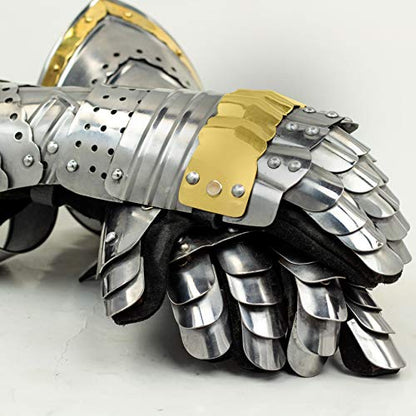 Nagina International Medievalz Warrior Steel Gothic Knight Style Warrior Functional Gloves & Gauntlets | Brass Accent
