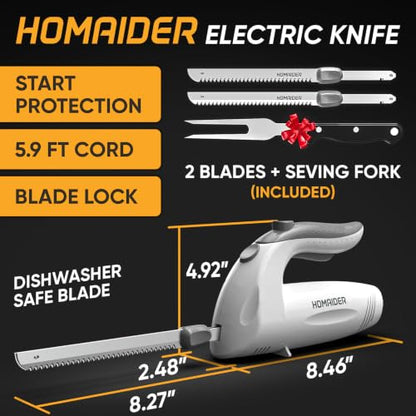 Homaider Electric Knife for Meat Slicing 2 Blades, Carving Fork & 6 Ft Cord - size: Knife