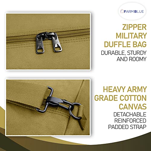 Farm Blue GI Style Zipper Duffel Bag OD - L Heavy Duty Army Duffel Bags - Military Grade Cotton Canvas Dufflebag - Reinforced Camping Bag - Strong Zipper & Center Grab Handle - 21" x 36" - Olive Drab - color: OD Green, size: Large