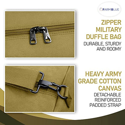 Farm Blue GI Style Zipper Duffle Bag Heavy Duty Army Duffle Bags - Military Grade Cotton Canvas Duffel Bag - Reinforced Camping Bag - Strong Zipper & Center Grab Handle (Olive Drab, X-Large) - color: OD Green, size: XL