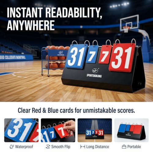Flip Scoreboard, Portable Tabletop Score Keeper with Ring-Bound Number Cards for Table Tennis, Basketball, 15.75 x 8.27 in