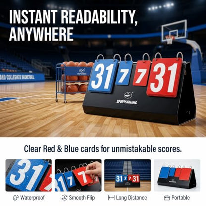 Flip Scoreboard, Portable Tabletop Score Keeper with Ring-Bound Number Cards for Table Tennis, Basketball, 15.75 x 8.27 in