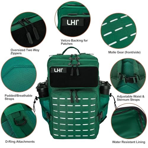LHI Tactical Military Backpack for Men 25L/45L Large Molle Army Assault Pack 3 Day Hiking Rucksack With Bottle Holder - color: Dark Green, size: 45L
