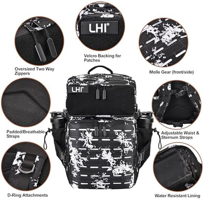 LHI Tactical Military Backpack for Men 25L/45L Large Molle Army Assault Pack 3 Day Hiking Rucksack With Bottle Holder - color: Black Lightning, size: 45L