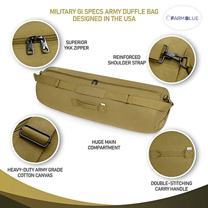 Farm Blue GI Style Zipper Duffel Bag OD - L Heavy Duty Army Duffel Bags - Military Grade Cotton Canvas Dufflebag - Reinforced Camping Bag - Strong Zipper & Center Grab Handle - 21" x 36" - Olive Drab - color: OD Green, size: Large