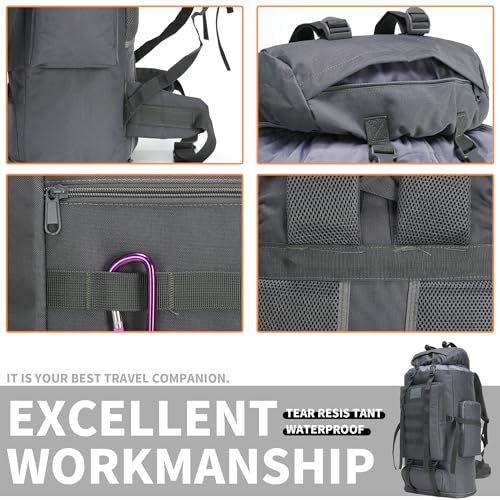 100L Hiking Camping Backpack MOLLE Rucksack Waterproof Daypack (Grey) - color: Grey