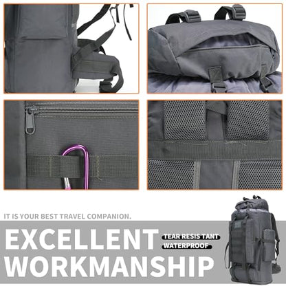 100L Hiking Camping Backpack MOLLE Rucksack Waterproof Daypack (Grey) - color: Grey