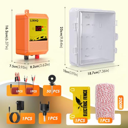 6.2 Miles(10KM) 12KV 2 Joule Electric Fence Energizer Kit, 6-Mile Fence Charger with 656 FT (200m) Polywire & 50 Ring Insulators, Livestock, Farm & Garden Protection, Orange Set