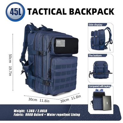 gracedon Tactical Backpack - Military Molle Bag 3 Days Pack for men and Women Large Assault Rucksack 25-45L (45L-Navy) - color: 45l-navy