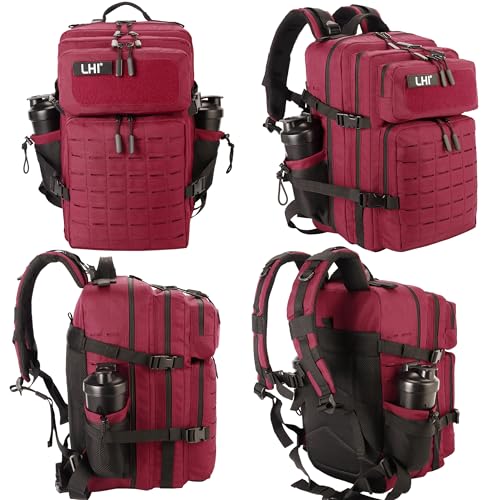 LHI Tactical Military Backpack for Men 25L/45L Large Molle Army Assault Pack 3 Day Hiking Rucksack With Bottle Holder - color: Red and Black, size: 45L