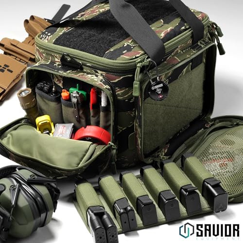 Savior Equipment Specialist Series Tactical Triple Pistol Shooting Range Hunting Duffle Bag Gun Carrying Case, Rigid Compartment Frame, Lockable Zippers - color: Tiger Stripe
