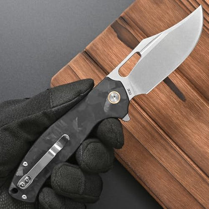 FF25 Folding Knife, DC53 Steel Blade Carbon Fiber Handle with Pocket Clip for Outdoor Camping Fishing Working Survival EDC (Black) - color: Black