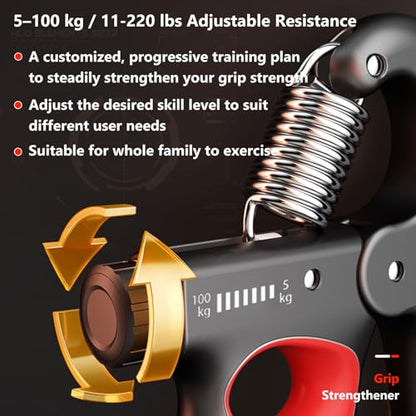 Grip Strength Trainer Forearm Strengthener, 2 Pack, 11-220 lbs adjustable - color: Red