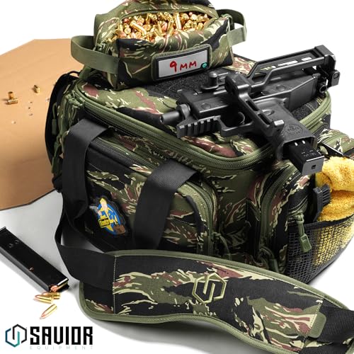 Savior Equipment Specialist Series Tactical Triple Pistol Shooting Range Hunting Duffle Bag Gun Carrying Case, Rigid Compartment Frame, Lockable Zippers - color: Tiger Stripe