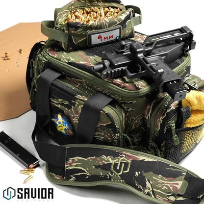 Savior Equipment Specialist Series Tactical Triple Pistol Shooting Range Hunting Duffle Bag Gun Carrying Case, Rigid Compartment Frame, Lockable Zippers - color: Tiger Stripe