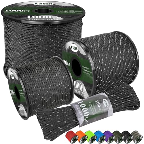 X XBEN Paracord Reflective 1000lb, 50/100/200/500/1000ft 4mm, 13 Strand Parachute Spool Cord, Heavy Duty Paracord Rope for Camping, Fishing, Hiking, Hunting, DIY Crafts, Black - color: Black, size: 1000ft
