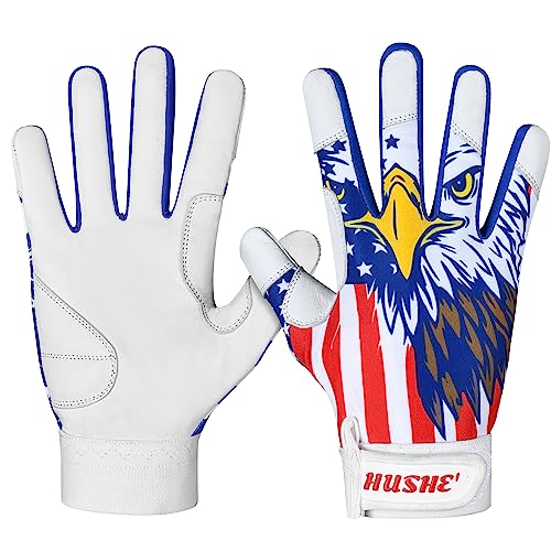 Hushe' American Flag Batting Gloves & Softball Gloves USA Flag Baseball Batting Gloves Youth Kids Baseball Batting Glove for Youth Men Adult & Unisex. - color: White Eagle, size: Youth Medium