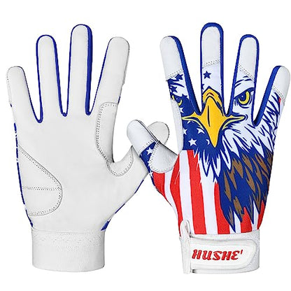 Hushe' American Flag Batting Gloves & Softball Gloves USA Flag Baseball Batting Gloves Youth Kids Baseball Batting Glove for Youth Men Adult & Unisex. - color: White Eagle, size: Youth Medium