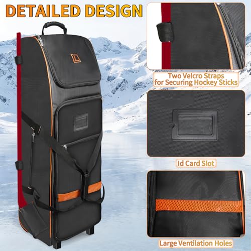 Hockey Bag with Wheels,Rolling Ice Hockey Duffel Travel Bag with Separate Breathable Shoe Compartment,2 Sticks Field Hockey Bag with Scratch-Resistant and Waterproof Bottom,Suitable for Teenagers