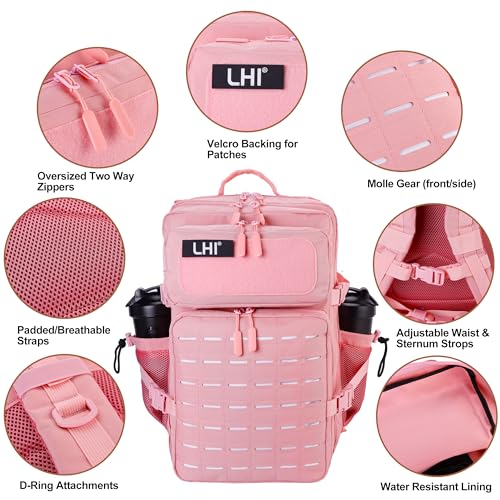 LHI Tactical Military Backpack for Men 25L/45L Large Molle Army Assault Pack 3 Day Hiking Rucksack With Bottle Holder - color: Pink, size: 45L